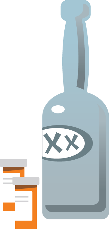 Illustration of liquor bottle and prescription drug bottles